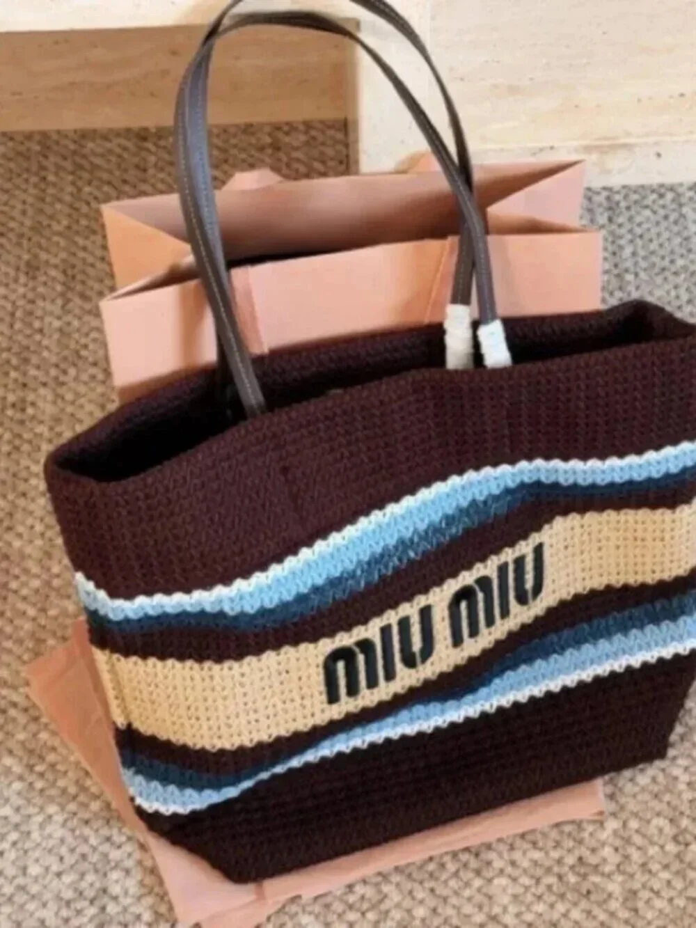 Miu Miu Striped Knitted Large Tote Bag Logo Embroidery Summer Beach Shopper Hand